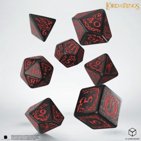 Conjunto de 7 dados pretos com gravações vermelhas de Mordor