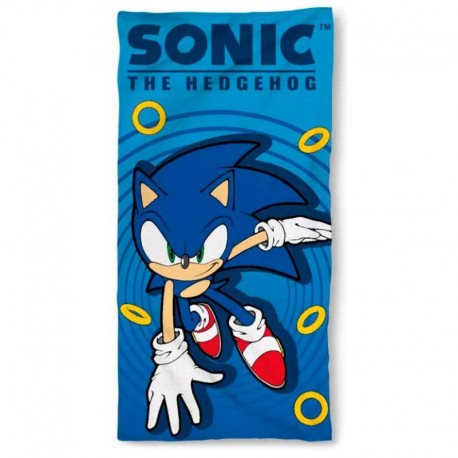 Toalla de microfibra Sonic The Hedgehog azul con anillos.
