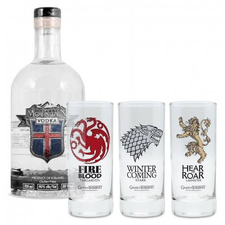 Pack de vodka Game of Thrones com copos Stark, Targaryen e Lannister