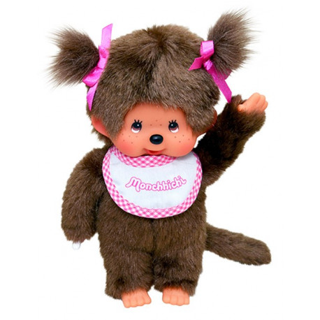 Poupée Monchhichi de 20 cm avec bavoir blanc et rose