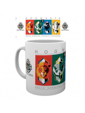 Caneca de cerâmica com brasões das casas de Hogwarts