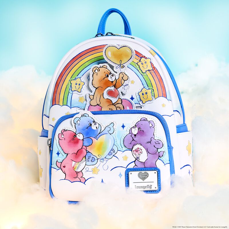 Bolso mochila Loungefly de los Osos Amorosos, muy dulce, con tres de los osos jugando bajo el arcoriris con las estrellas